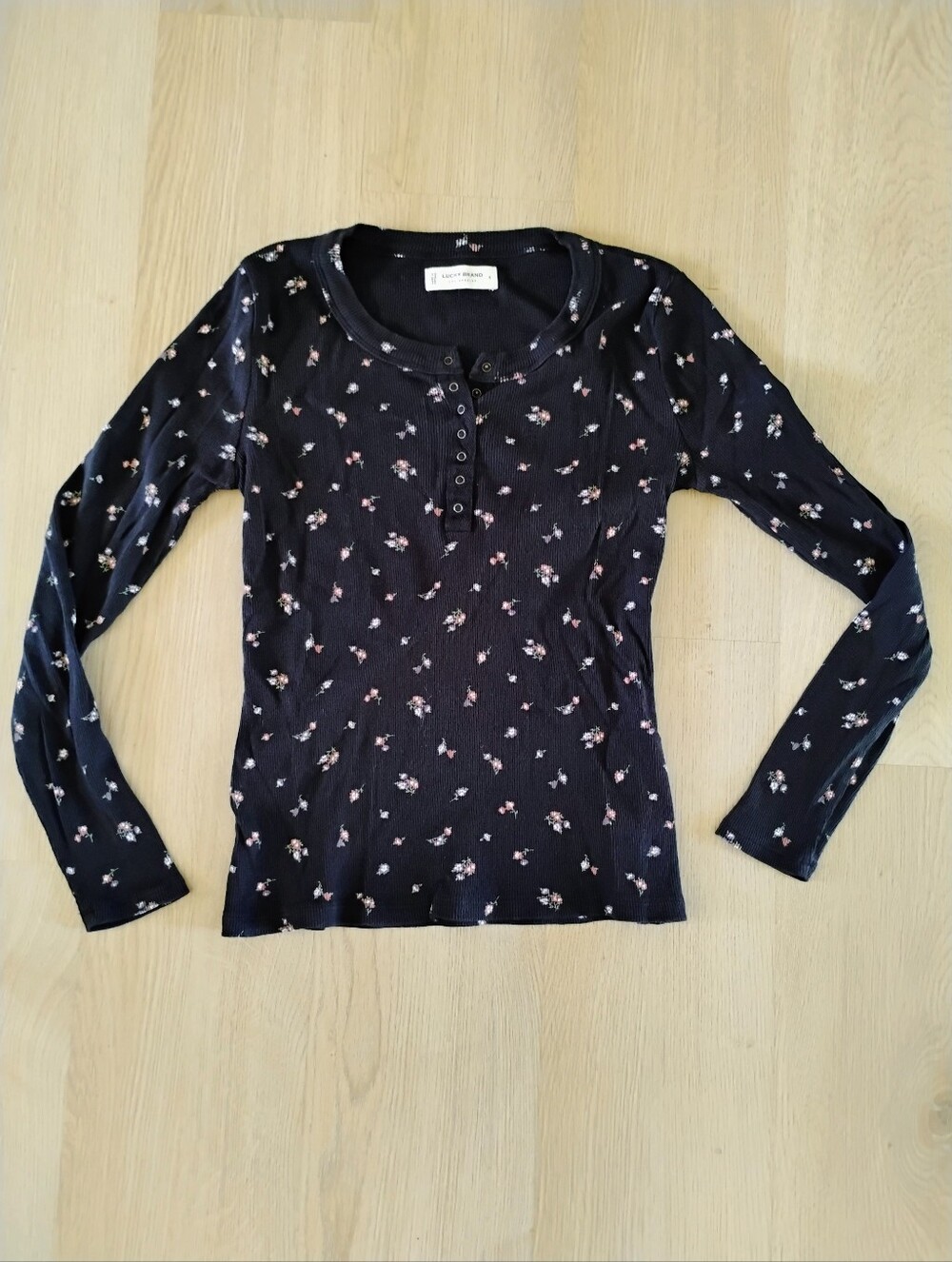 Ribbed Henley Long-Sleeve Top - Black Floral